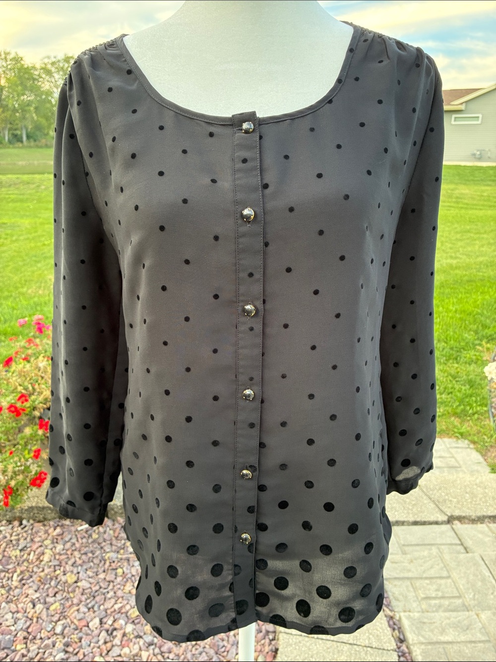 Lands' End Women's Black Polka Dot Button-Front Blouse 2